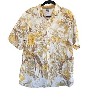Verdo‎ Linen Pheasant Bird Floral Short Sleeve Cream Button Shirt XL Tropical